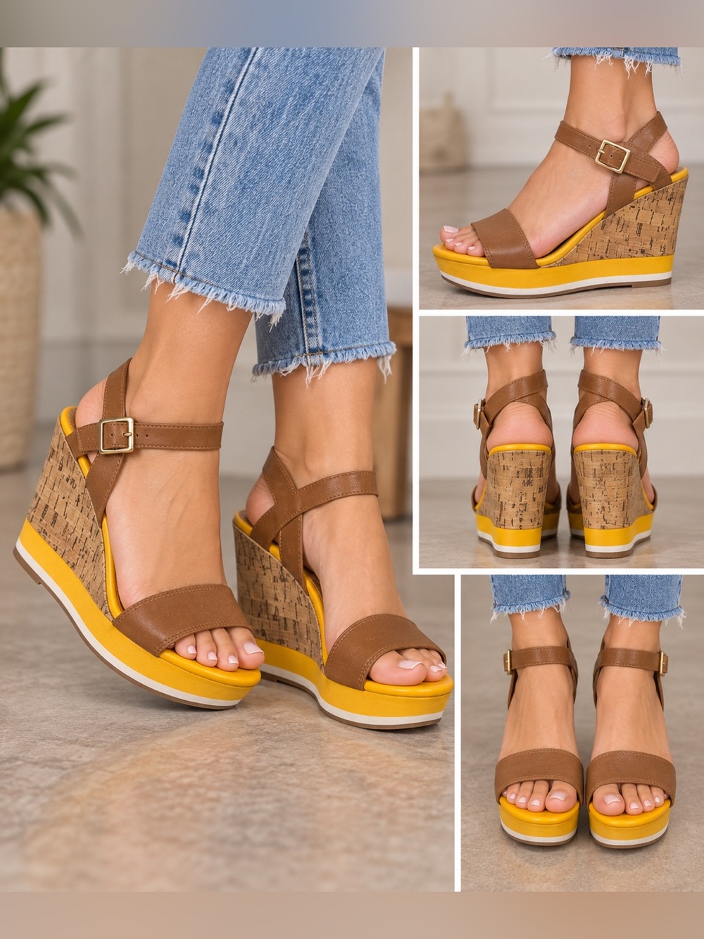 Montego Bay Club Women’s Cork Wedge Platform Sandals Size 7.5 Yellow/Tan *FLAWS*